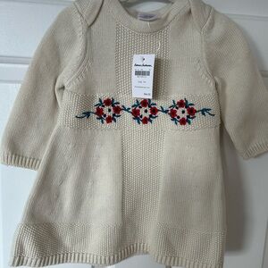 Hanna Anderson 6-12 months 100% cotton  Ivory Knit Dress with Floral Embroidery.